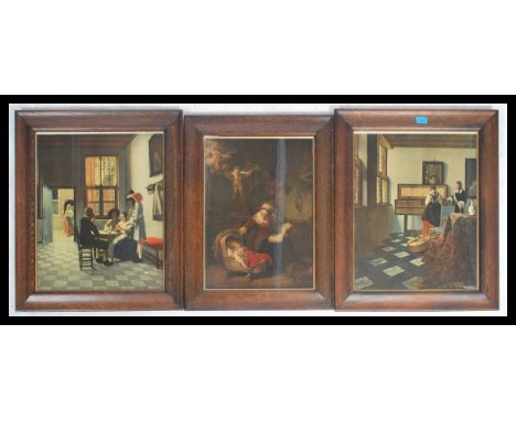 A collection of 3 early 20th century framed and glazed prints with architectural interior scenes of people. Set within good o