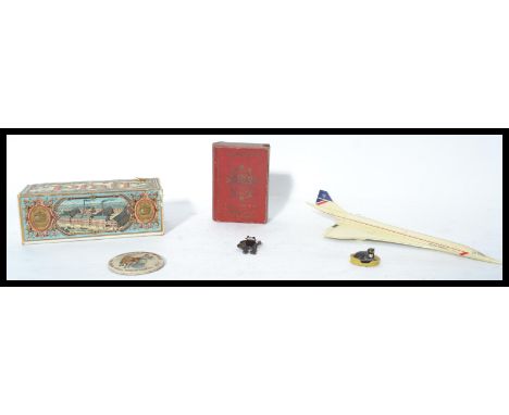 A group of vintage items to include a vintage Pfaff decorated box, a lexicon game, Horlick's pocket mirror, a 19th century Vi