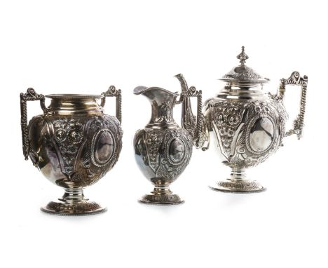 VICTORIAN SILVER THREE PIECE TEA SERVICE, maker Walker &amp; Hall, Sheffield 1896, comprising tea pot, sugar and cream, 1535g