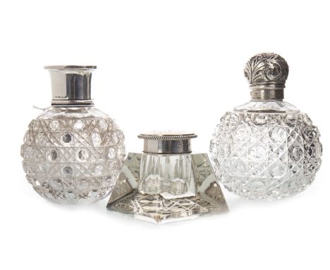 VICTORIAN SILVER TOPPED PERFUME BOTTLES, maker JHW, Birmingham 1900, along with another and a silver topped inkwell, Birmingh