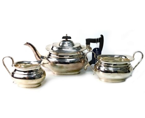GEORGE V SILVER TEA SERVICE, maker Viner's Ltd, Sheffield 1938, of oval form, comprising tea pot, sugar and cream, the tea po