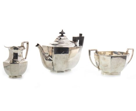 GEORGE V SILVER THREE PIECE TEA SERVICE, maker Viner's Ltd, Sheffield 1936, of octagonal form, comprising tea pot, sugar and 