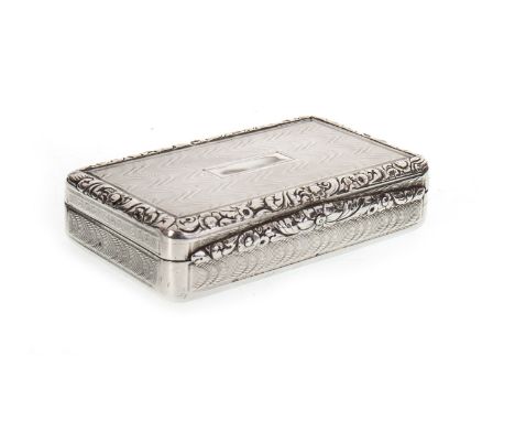MID 19TH CENTURY DUTCH SILVER SNUFF BOX, of rectangular form, engine turned exterior with chased foliate border, unmarked car