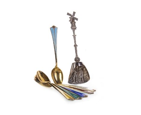 SET OF SIX NORWEGIAN ENAMEL COFFEE SPOONS, maker David Andersen of Oslo, each with different colour of guilloche enamel to ha