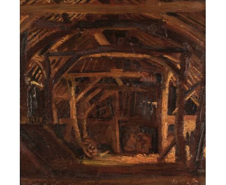 ARR * Copnall (Edward Bainbridge, 1903-1973). The Barn, 1925, oil on thin wood panel, with additional study of a young man se