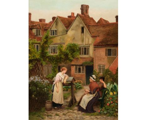 * Fletcher (William Teulon Blandford, 1858-1936). Village Gossips, oil on canvas, depicting a fair-haired young peasant girl 