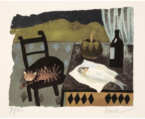 * Fedden (Mary, 1915-2012). Cat and Fish, 2007, colour lithograph on heavy off-white wove paper, laid down on card, from the 