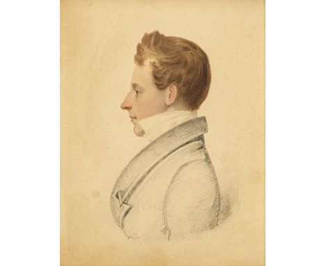 * Regency. Portrait of a young gentleman, watercolour and pencil, head &amp; shoulders portrait, profile to left, of a young 