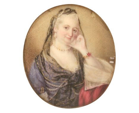 * Attributed to Nathaniel Hone (1718-1784). Portrait of a lady, watercolour, heightened with bodycolour, on ivory, oval half-