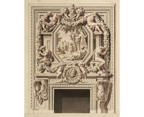 * Italian School. Design for a chimneypiece, circa 1820, pen and black ink, brown and grey wash, with traces of pencil, on pa
