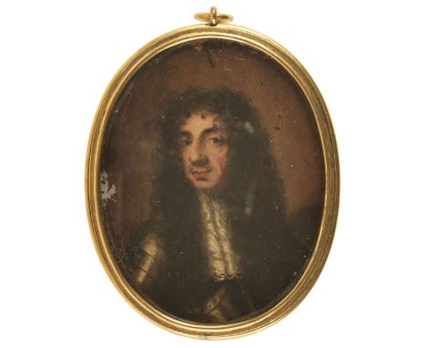 * After Mary Beale (1633-1699). Portrait miniature of King Charles II (1630-1685), late 17th century, oval oil on tin, head &