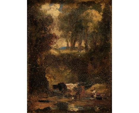 * Circle of John Constable (1776-1837). Wooded Landscape with cows and figure by a stream, small-scale oil on oak panel, 95 x