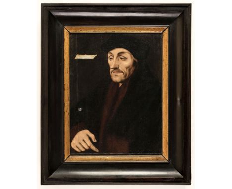 * Follower of Hans Holbein (1497/98–1543). Portrait of Erasmus, circa 1550, oil on linden ? wood panel, with an early 19th ce