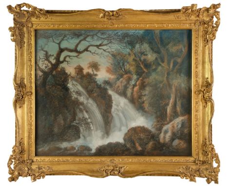 * French School. Landscape with Waterfall, later 18th century, large-scale colour pastel on laid paper, with later canvas rel