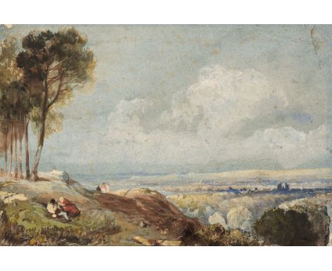 * Circle of Joseph Mallord William Turner (1775-1851). Panoramic river landscape with figures on a promontory, possibly looki