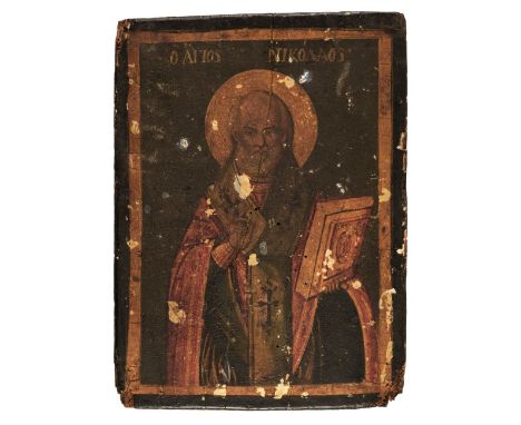 * Greek Icon. Saint Nicholas, circa 1900, tempera over gold leaf on thick wooden panel, surface-loss, cracks and worming, 26 