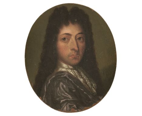 * English School. Portrait miniature of a bewigged gentleman, 1695, oval oil on copper, head &amp; shoulders portrait of a yo