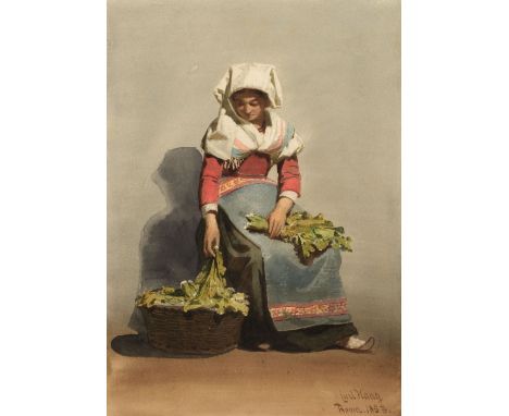 * Haag (Carl, 1820-1915). Peasant girl with basket of vegetables, 1853, watercolour with bodycolour on card, full-length port