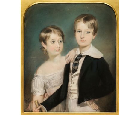 * Hastings (Edward, 1781-1861). Portrait of a young boy and his sister, 1845, pastel on paper, laid down on linen, half-lengt