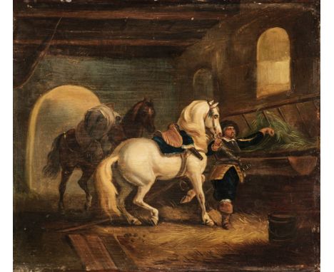 * English School. Horses in a stable with an English Civil War soldier, circa 1850, oil on tin, depicting an English Civil Wa