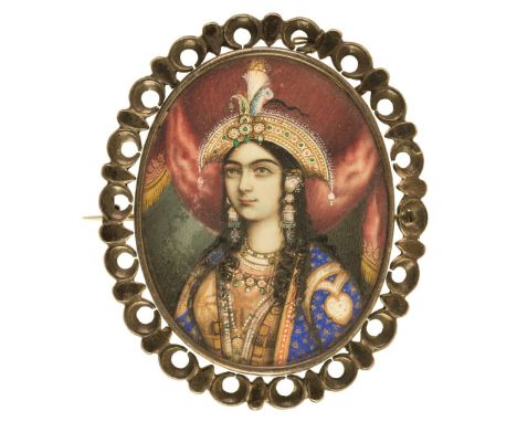 * Indian School. Portrait of Empress Mumtaz Mahal, mid 19th century, watercolour and gouache, heightened with gold, on ivory,