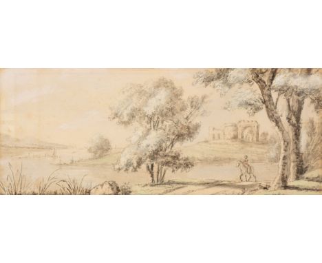 * De Cort (Hendrik Frans, 1742-1810). Landscape with figure on horseback with Okehampton Castle in the distance, watercolour 