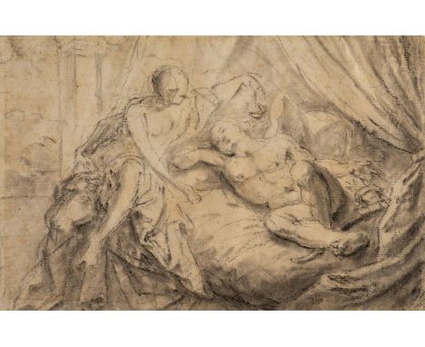 * Attributed to Charles Errard (1606-1689). Young woman watching over a sleeping male figure on a bed, black chalk and grey w
