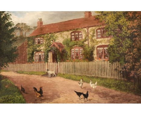 * Martin (Sylvester, 1838-1912). Brook Cottage, 1897, oil on canvas, depicting a country cottage scene, with a dog at the gat