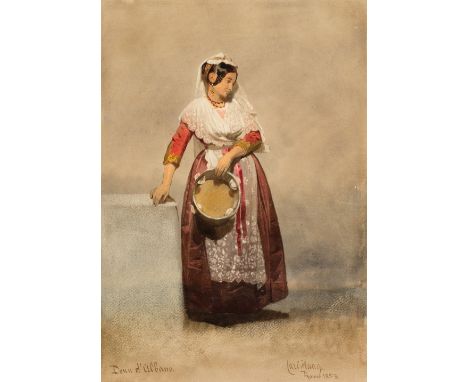 * Haag (Carl, 1820-1915). The Tambourine Player, 1853, watercolour with bodycolour on card, full-length portrait of an Italia