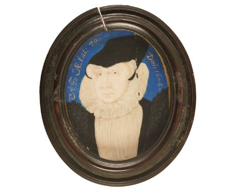 * After Nicholas Hilliard (1547-1619). Portrait miniature of a woman in a ruff, 19th century, watercolour and gouache on card