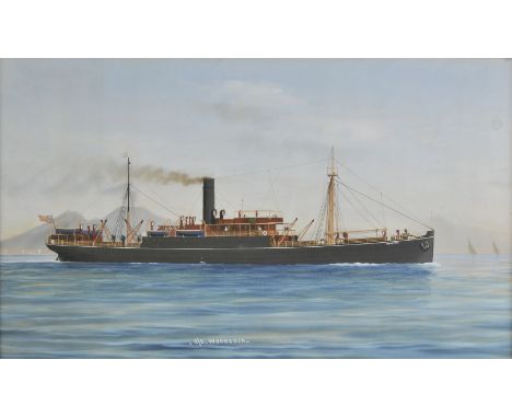 * Neapolitan School. S/S Woodcock, circa 1910, oil on canvas of a British merchant steamship off the Neapolitan coast, passin