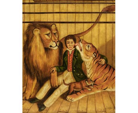 * After W.H. Rogers (1825-1873). In the Lion's Den, oil on board, depicting a young man seated between a lion and a tiger in 
