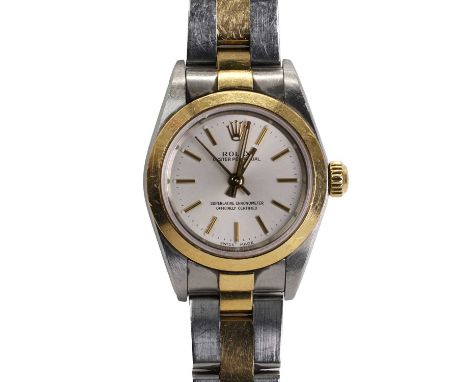 A ladies' 18ct gold and stainless steel Rolex Oyster Perpetual bracelet watch,  ref.76183; 26mm diameter with a gold smooth b