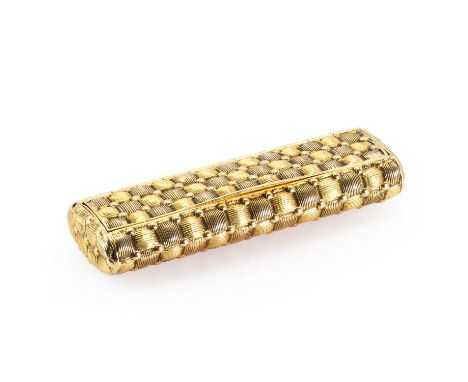 A George III 18ct gold basket weave snuffbox,  of pillow form, decorated with basket weave pattern. The hinge cover with glaz