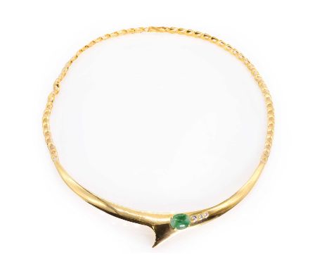 A jade and diamond collar necklace, with an oval jade double cabochon, claw set, and three round brilliant cut diamonds detai