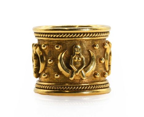 An 18ct gold zodiac ring, by Elizabeth Gage, Virgo zodiac ring, depicting a nude woman sat on a crescent moon, signed GAGE, i