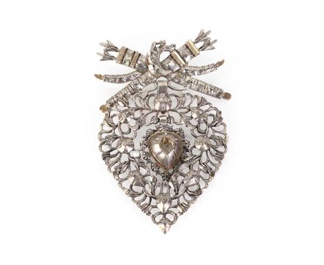 An antique silver and gold, diamond set Flemish/Vlaams heart brooch, late 18th - early 19th century; the openwork foliate mou