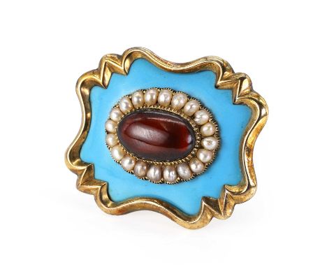 A turquoise enamel, seed pearl and cabochon garnet memorial brooch,  with turquoise enamel ground, centring on an oval caboch