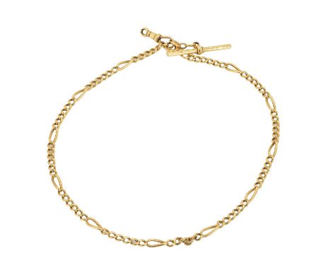 An 18ct gold Albert chain, with Figaro chain links individually marked 18ct, joined by a bolt ring and swivel clasp, damaged,