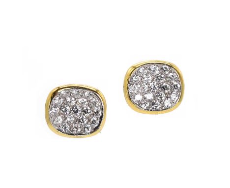 A pair of pavé diamond stud earrings,  each set with round brilliant cut diamonds, in a claw setting, enclosed in a raised su