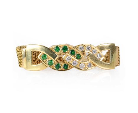 A gold diamond and emerald mesh link bracelet,  with a central pierced knot plate set with round brilliant diamonds and round