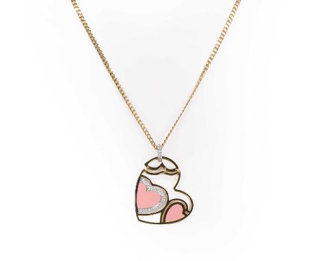 A diamond and enamel open heart pendant, by Roberto Coin, the hinged openwork pendant with pink enamel panels, one with a sur