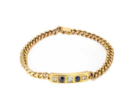 A curb link bracelet with a diamond and sapphire panel, c.1880, with solid curb links, joined to a central curved panel box s
