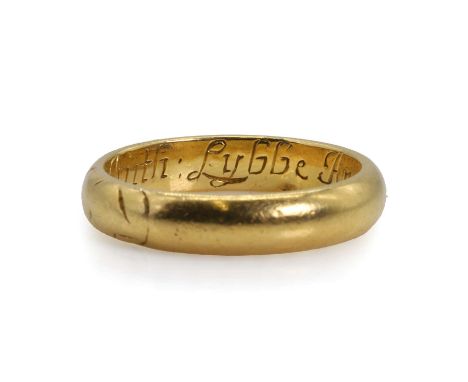 An antique mourning ring for Antony Lybbe, c. 1674,  of 'D' section profile, with skull detailing to the outer surfaces, worn