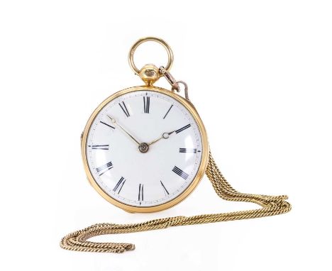 A Victorian 18ct gold key wind open faced fusee lever pocket watch,  a 44mm diameter case, the back case and sides engine tur