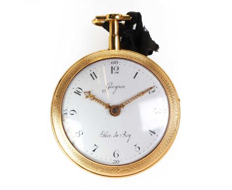 An 18ct gold key wind open faced Gregson verge fusee pocket watch,   with an 45mm diameter engine turned case with floral det