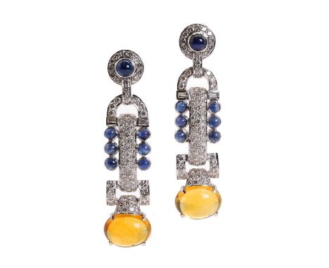 A pair of white gold diamond, sapphire and citrine drop earrings, with sapphire cabochon and diamond halo surmount, suspendin