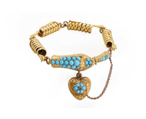 A Victorian gold and turquoise snake bracelet,  of ouroboros form, the body comprising a series of articulated links modelled