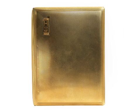 An 18ct gold cigarette case, by Asprey London, of rectangular shape, with an engine turned design to the front and back, engr