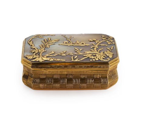 A gold and mother of pearl snuffbox, of rectangular form with cut corners. The sides with basket weave decoration. The hinged